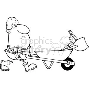 Cartoon illustration of a person pushing a wheelbarrow with a shovel and a saw, wearing work boots, overalls, and a plaid shirt.