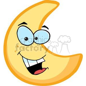 This image depicts a cartoon moon, with eyes and a mouth. The mouth is open, and you can see its teeth. It has a fun and comical appearance to it 