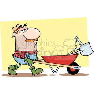 A cartoon illustration of a farmer pushing a red wheelbarrow filled with gardening tools, including a shovel and a rake. The farmer is wearing a hat, a red plaid shirt, blue overalls, green gloves, and green boots.