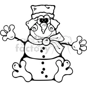 A black and white clipart image of a cute snowman with a hat, scarf, and buttons. The snowman has large, cartoonish eyes and hands raised in a waving gesture.