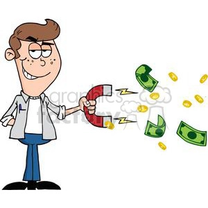 Clipart image of a cartoon character attracting money and coins with a magnet, symbolizing attracting wealth or financial success.