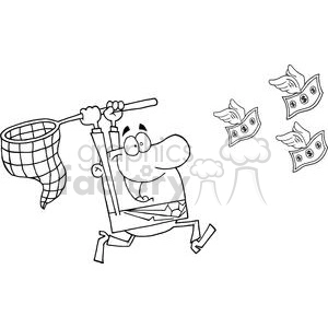 A clipart image of a cartoon man happily running and holding a net in an attempt to catch flying dollar bills.