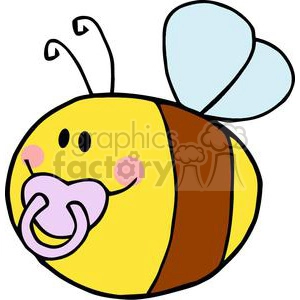 This clipart image features a cute, cartoonish bee with a cheerful expression. The bee has pastel-colored wings and is holding a pink pacifier in its mouth. The bee has rosy cheeks and two antennae on its head, adding to its adorable appearance.