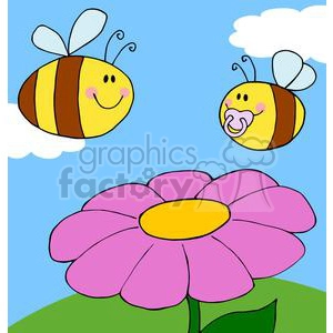 A cheerful cartoon illustration of two bees hovering near a large pink flower against a blue sky with clouds. One bee appears to have a smile while the other bee, which has a pacifier, is slightly smaller.