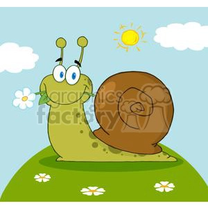 Cheerful Cartoon Snail with Flower on Sunny Day