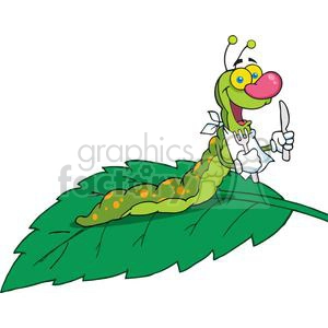 Hungry Cartoon Worm with Cutlery Ready to Feast on Leaf