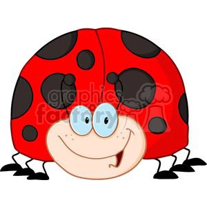 A cute and cheerful cartoon ladybug with large blue eyes, red and black spotted wings, and a smiling face.