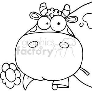 The image is a black and white clipart drawing of a cartoon cow with a funny expression. The cow has large eyes, a flower in its mouth, and is in a standing pose.
