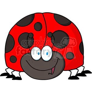 A cartoon image of a smiling ladybug with a red body and black spots. The ladybug has large, expressive eyes and is looking directly at the viewer. It features a happy and friendly demeanor.