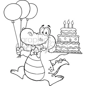 Clipart image of a cartoon alligator holding three balloons in one hand and a birthday cake with three candles in the other hand, featuring a joyful expression.