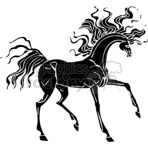 A black and white clipart image of a stylized horse with flowing mane and tail.