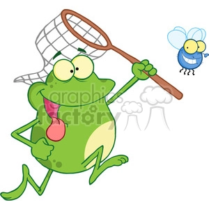 This clipart image depicts a humorous scene where a green frog with large, bulging eyes and a long pink tongue sticking out is trying to catch a smiling blue fly with a net. The frog is in a dynamic pose, indicating movement, as if it's chasing after the fly to catch it. The fly appears to be eluding capture with a playful expression on its face.