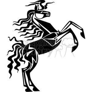 A stylized black and white clipart image of a rearing horse with wavy mane and tail.