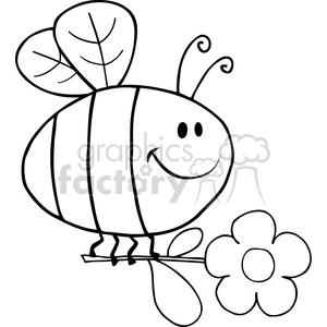 A simple black and white clipart image of a smiling bee standing carrying a flower.