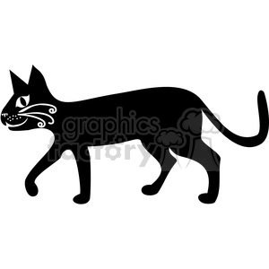 The image is a simple black and white clipart depiction of a black cat. The cat is stylized, with white accents for its eyes, nose, and decorative facial and body markings that evoke a sense of swirls or flourishes. The cat's body is elongated, with prominent hind legs and a long curving tail.