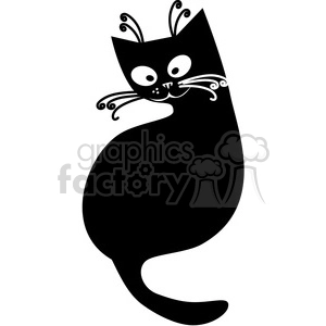 The image depicts a stylized black cat. It features a large, solid black body with white accents for the eyes, nose, whiskers, and decorative flourishes around the ears and face. The cat has a curvy tail that swoops up and around its body, giving the image a playful feel.