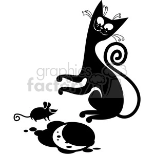 The image is a black and white clipart featuring two stylized black cats and a black mouse. One cat is seated upright with a playful or curious expression. It has decorative swirls near the tail and whiskers. The second cat is on its back, seemingly in a playful or relaxed state with a spotted belly. Meanwhile, the mouse is standing on its hind legs, facing toward the first cat, and appears to be smiling.