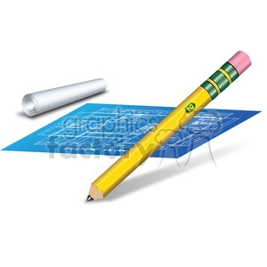 This clipart image features a yellow pencil with a pink eraser, a rolled-up sheet of paper, and a detailed building floor plan in blue. The pencil and floor plan represent architectural design elements.