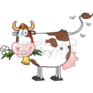 The clipart image depicts a cartoon cow in a stylized and humorous manner, typical of comic or children's book illustrations. The cow has large, expressive eyes, and a cheerful demeanor, with a bell around its neck, and is chewing on a flower, which adds to its comical appearance. The cow's body has the characteristic black and white patches often associated with dairy cows.