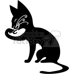 The clipart image depicts a stylized black cat in the act of licking or cleaning itself. The cat's tongue is prominently displayed, touching its paw, which is common behavior for felines engaging in grooming.