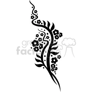 A black and white clipart image featuring a stylish and elegant floral design with various swirly patterns, small flowers, and leaves.