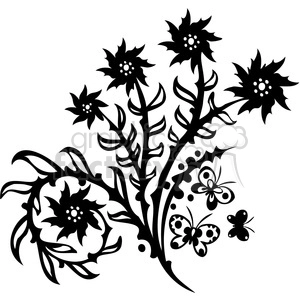 Black and white floral clipart with detailed flowers and butterflies.