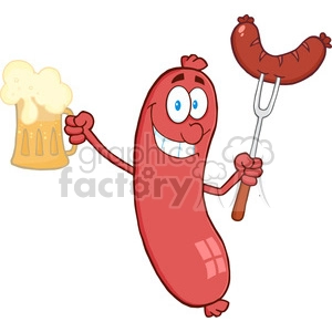 Cartoon-Character-Sausage-Holding-Beer-And-Sausage-On-A-Fork