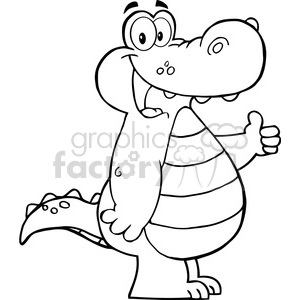 The image shows a black and white line art clipart of a comical, cartoonish alligator. The alligator stands upright in a bipedal pose, has a large, friendly smile, and is giving a thumbs-up gesture. The character has exaggerated features such as large eyes and a rounded, elongated snout, contributing to the humorous nature of the drawing.