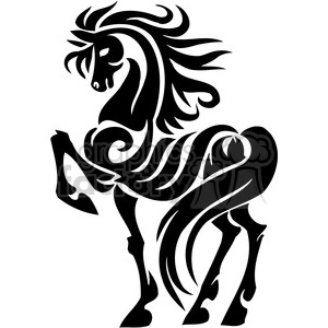 Stylized clipart image of a rearing horse in black and white, featuring swirling and curving lines that emphasize the horse's mane, tail, and body.