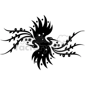 Black and white clipart image depicting a stylized bird with ornamental floral patterns and abstract shapes.