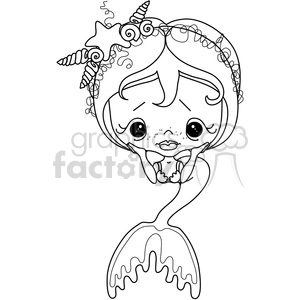 A black and white clipart image of a cute mermaid with big eyes and freckles, resting her chin on her hands. The mermaid has a large tail and decorative seashells in her hair.