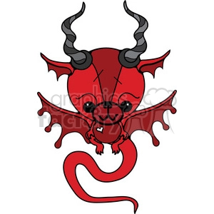 This clipart image features a cute red dragon with big eyes, black horns, and bat-like wings. The dragon has a playful, cartoonish look.