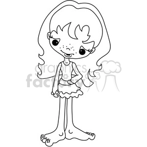 A black and white clipart image of a cartoon girl with long hair, large eyes, and freckles. She is wearing a dress with a ruffled skirt and has a hand on her hip. The character has exaggeratedly large feet.