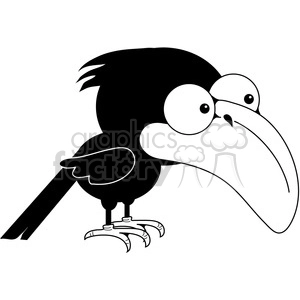 A black and white clipart of a cartoonish bird with large eyes and a large beak, standing on thin legs with clawed feet.