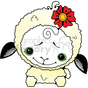 A cute cartoon sheep with big green eyes, black ears, and wearing a red flower on its head.