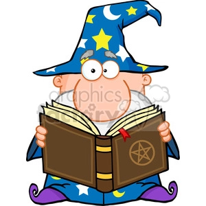 A cartoon wizard wearing a blue hat with stars and moon symbols, holding an open book with a pentagram on its cover.