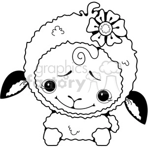 A cute, cartoon-style clipart image of a sheep with a flower on its head, drawn in black and white.