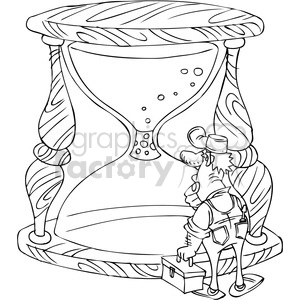 black and white cartoon maintenance man trying to fix a plugged hourglass