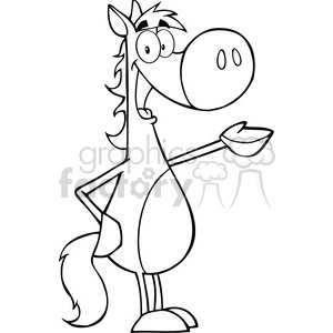 A black-and-white clipart image of a happy cartoon horse standing on two legs, smiling, and holding out one hoof as if presenting something.