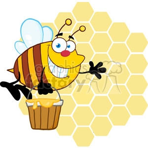 Clipart image of a cheerful cartoon bee holding a bucket of honey with a honeycomb background.