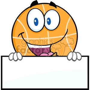 A cheerful cartoon basketball with a big smile, blue eyes, and black eyebrows, holding a blank white sign.