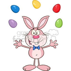 Royalty Free RF Clipart Illustration Cute pink Rabbit Cartoon Character Juggling With Easter Eggs