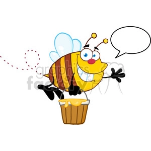 A cheerful cartoon bee holding a bucket of honey and a speech bubble.