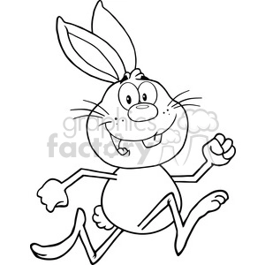 A black and white clipart image of a happy cartoon rabbit running with a big smile on its face. The rabbit has large ears and buck teeth.