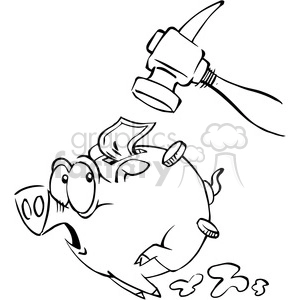 Black and white clipart image of a scared piggy bank about to be smashed with a large hammer.