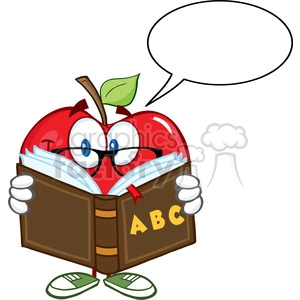 Smiling Apple Teacher Character Reading A Book With Speech Bubble