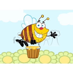 A cheerful cartoon bee carrying a honey pot, surrounded by flowers with a light blue sky in the background.