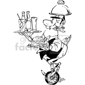 black and white cartoon waiter on a unicycle
