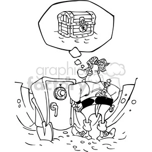 black white cartoon pirate looking at a safe