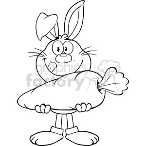 Black and white clipart image of a cartoon rabbit holding a large carrot. The rabbit has a happy expression with its tongue sticking out.